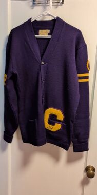 Men's Navy Purple Varsity Cardigan with Yellow Lettering